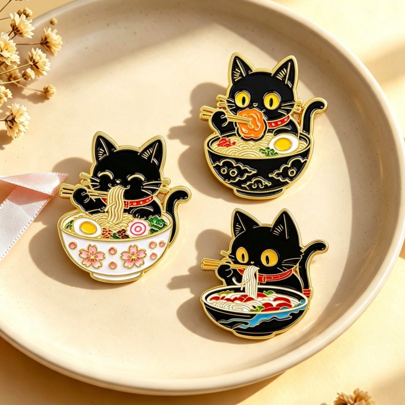 국수를 먹는 귀여운 검은 고양이 에나멜 핀 사랑스러운  - Enamel Pin Set 리뷰 및 가격